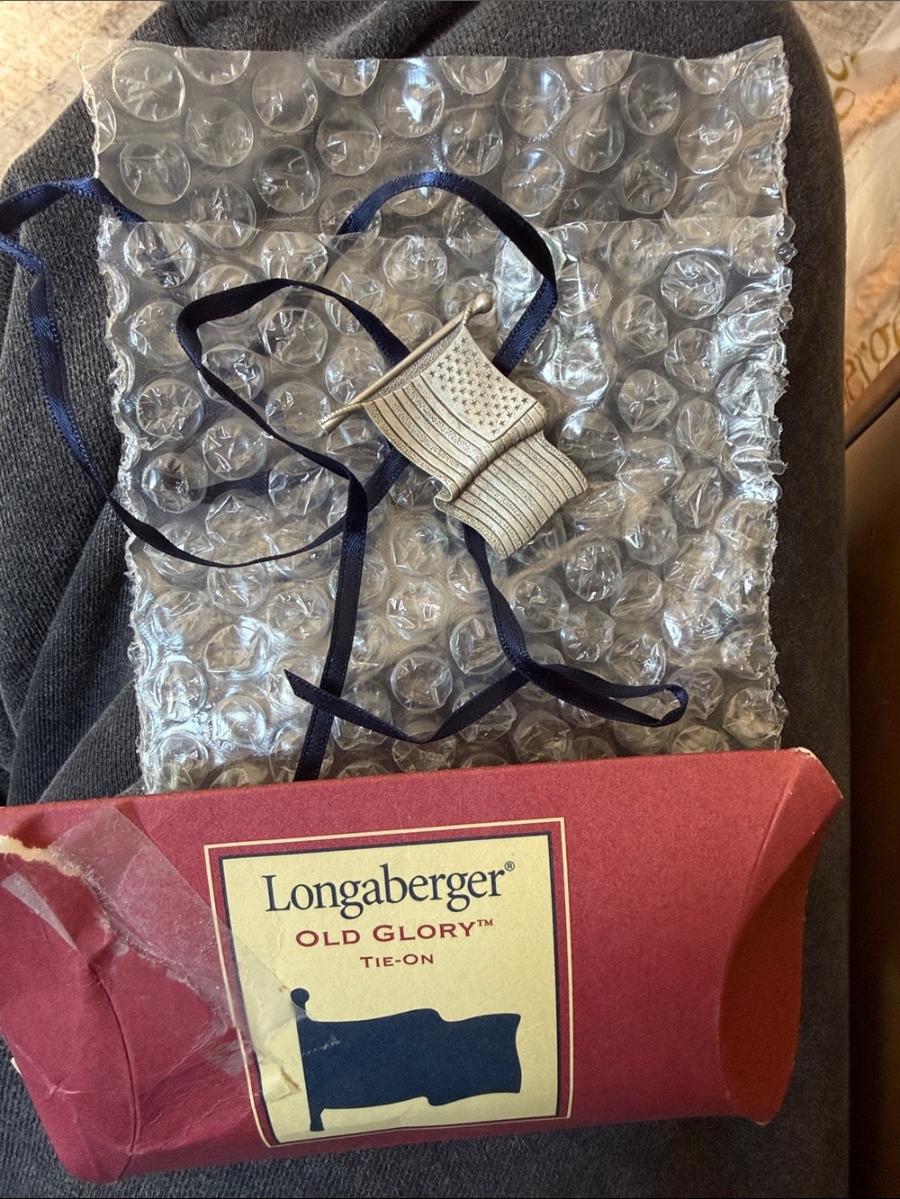 Longaberger Silver Flag Charm with Navy Ribbon Accent